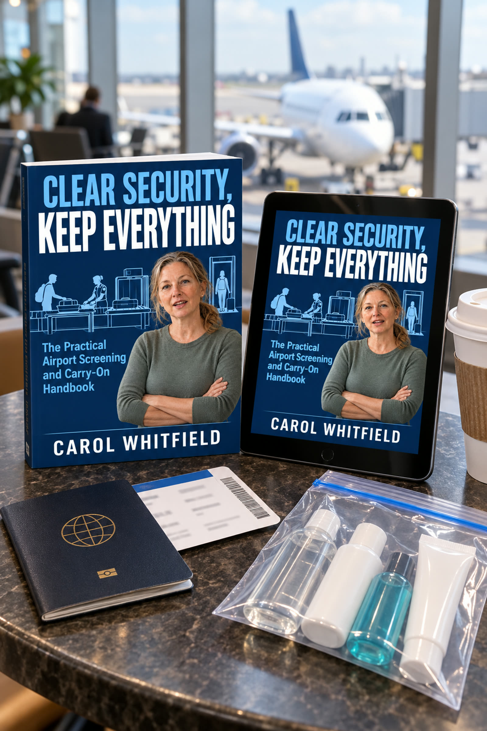 Clear Security, Keep Everything book and tablet on an airport cafe table