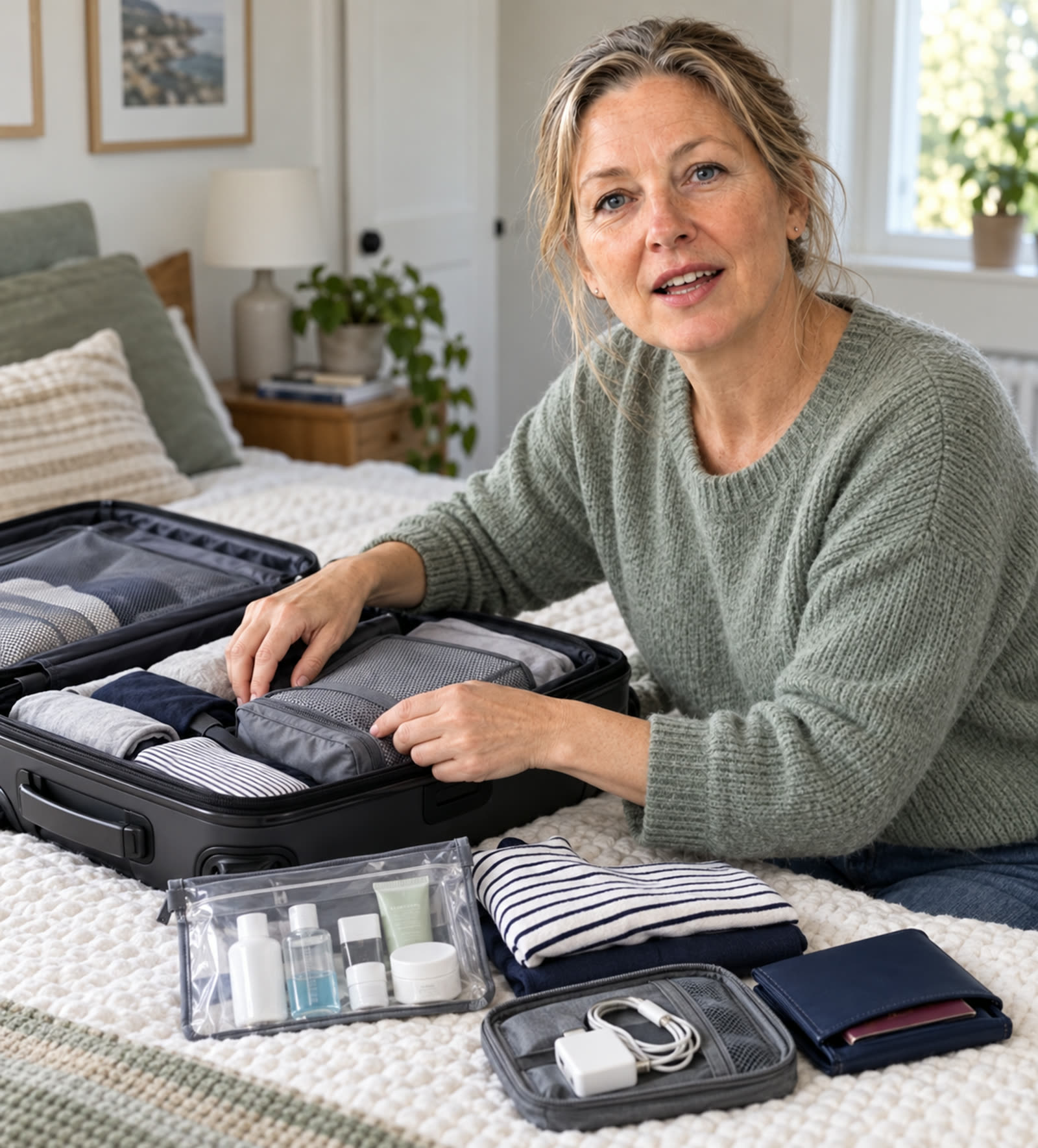 Carol packing a cabin bag with pouches and a clear liquids bag